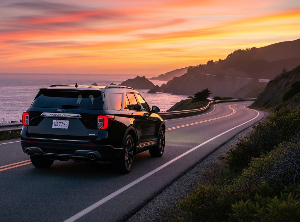 A black SUV cruises along a winding coastal highway at sunset, symbolizing the freedom and peace of mind that comes with Ride Legal’s expert vehicle registration services.