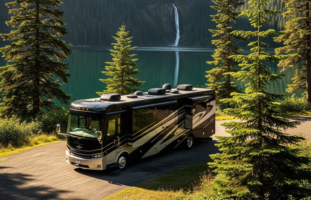 A luxurious motorhome is parked by a serene lake with a waterfall, surrounded by pine trees, perfectly showcasing the freedom made possible by Ride Legal’s Montana LLC RV registration services.