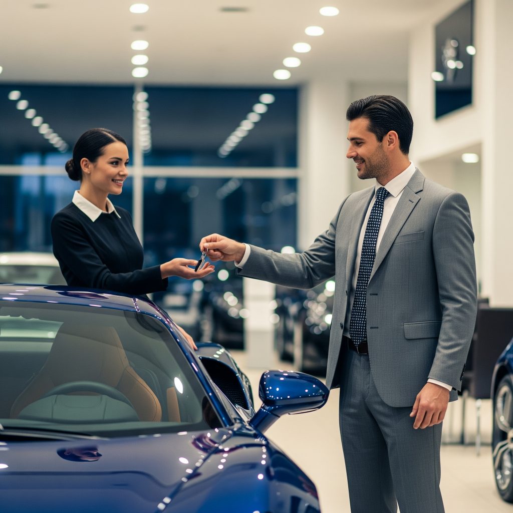 A couple exchanges keys by a luxury car, highlighting Ride Legal’s expert vehicle registration and Montana LLC services for high-end vehicles.