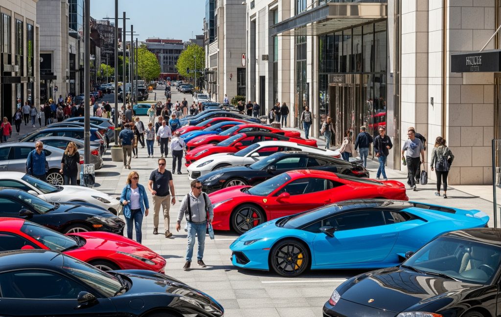 A vibrant lineup of luxury supercars lines a bustling city street as crowds admire them, showcasing the perfect opportunity for Ride Legal’s Montana LLC registration services for high-end vehicles.