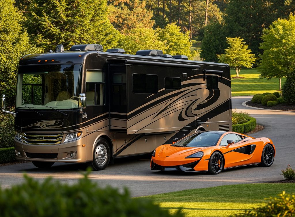 A luxurious motorhome and an orange supercar are parked together on a manicured driveway, perfectly representing Ride Legal’s Montana LLC registration services for RVs and exotic vehicles.