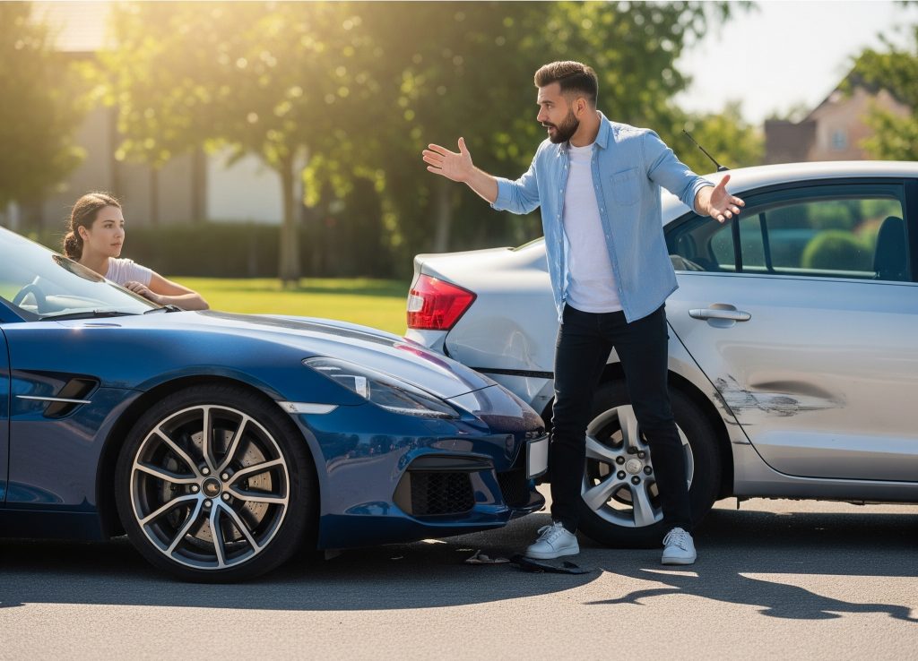 Two drivers argue next to damaged cars after a collision, underscoring the importance of proper vehicle registration and legal compliance to protect your investment.