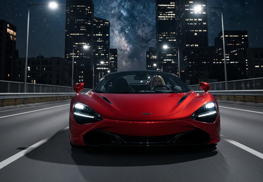 A red supercar speeds through a city at night under a starry sky, capturing the thrill of ownership and the need for expert vehicle registration with Ride Legal’s Montana LLC services.