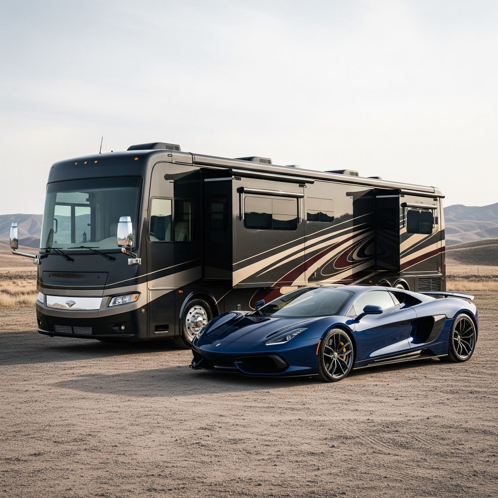 A luxurious black motorhome and a sleek blue exotic car are parked side by side in a desert landscape, highlighting the freedom and benefits of Montana LLC Vehicle Registration for RV and exotic vehicle owners.