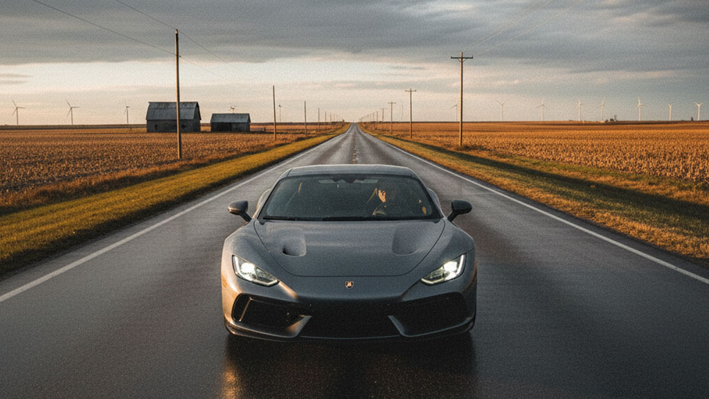 A dark grey sports car with its headlights on drives down a long, wet, straight rural road at dusk, with fields, distant farm buildings, and wind turbines under a cloudy sky.