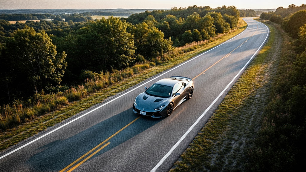 A gray sports car drives down a winding road lined with trees and grass under a clear sky.
