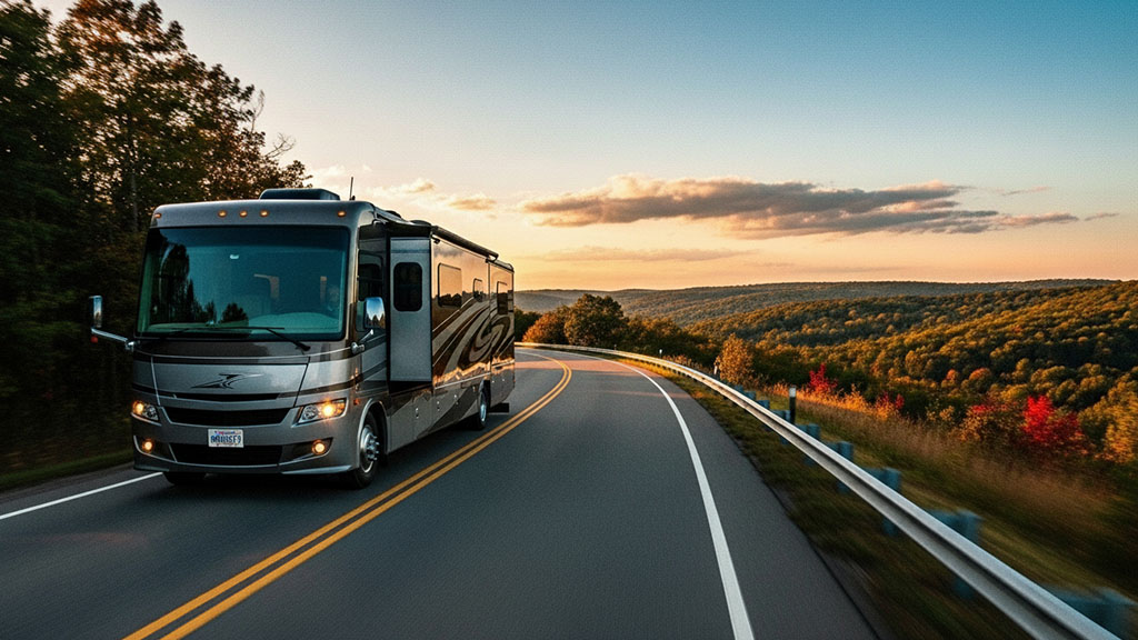 A luxurious gray RV drives on a scenic winding road through a mountainous, forested landscape at sunset, with golden light illuminating the trees.