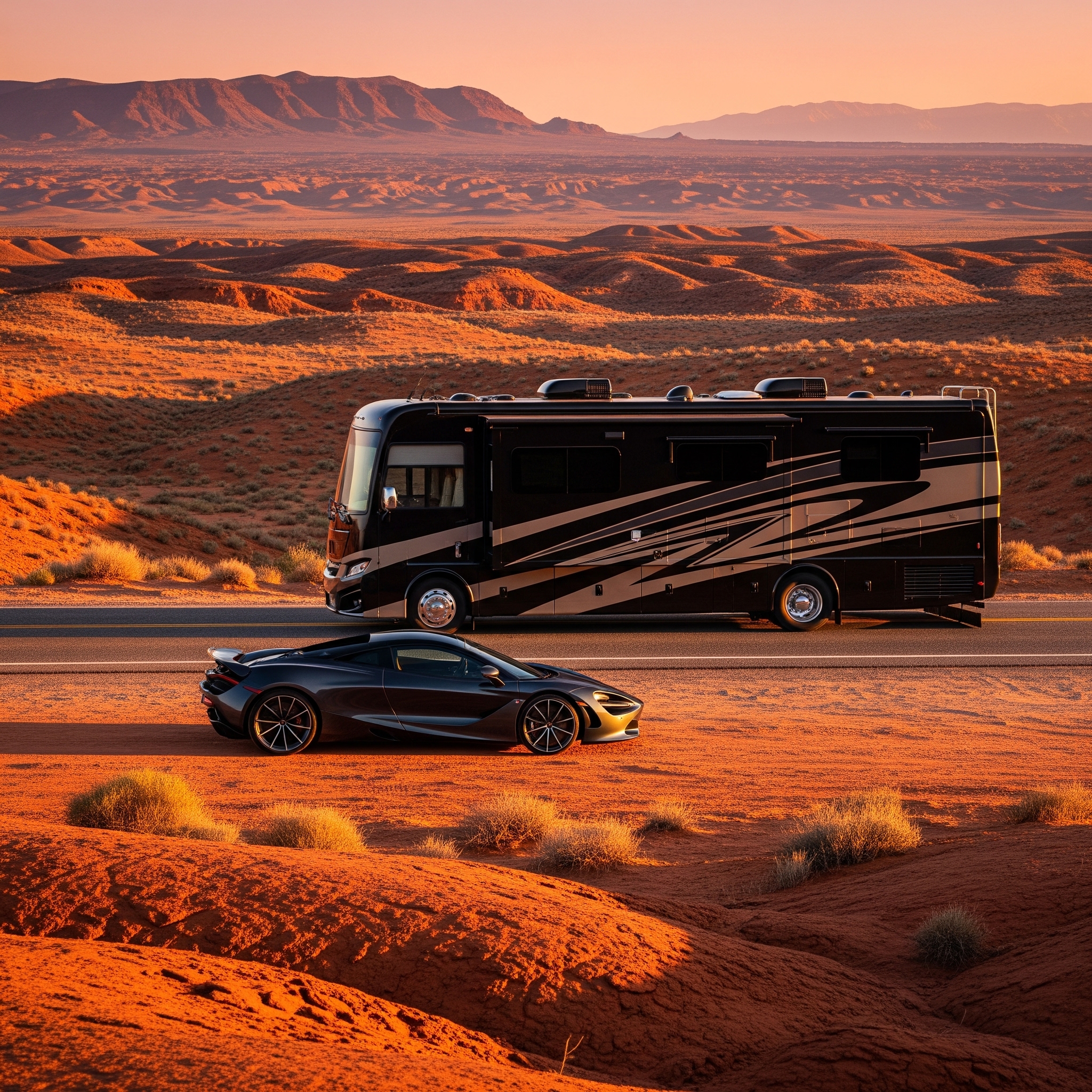 A black McLaren and a luxury motorhome are parked in the desert at sunset, surrounded by red sand and distant mountains.