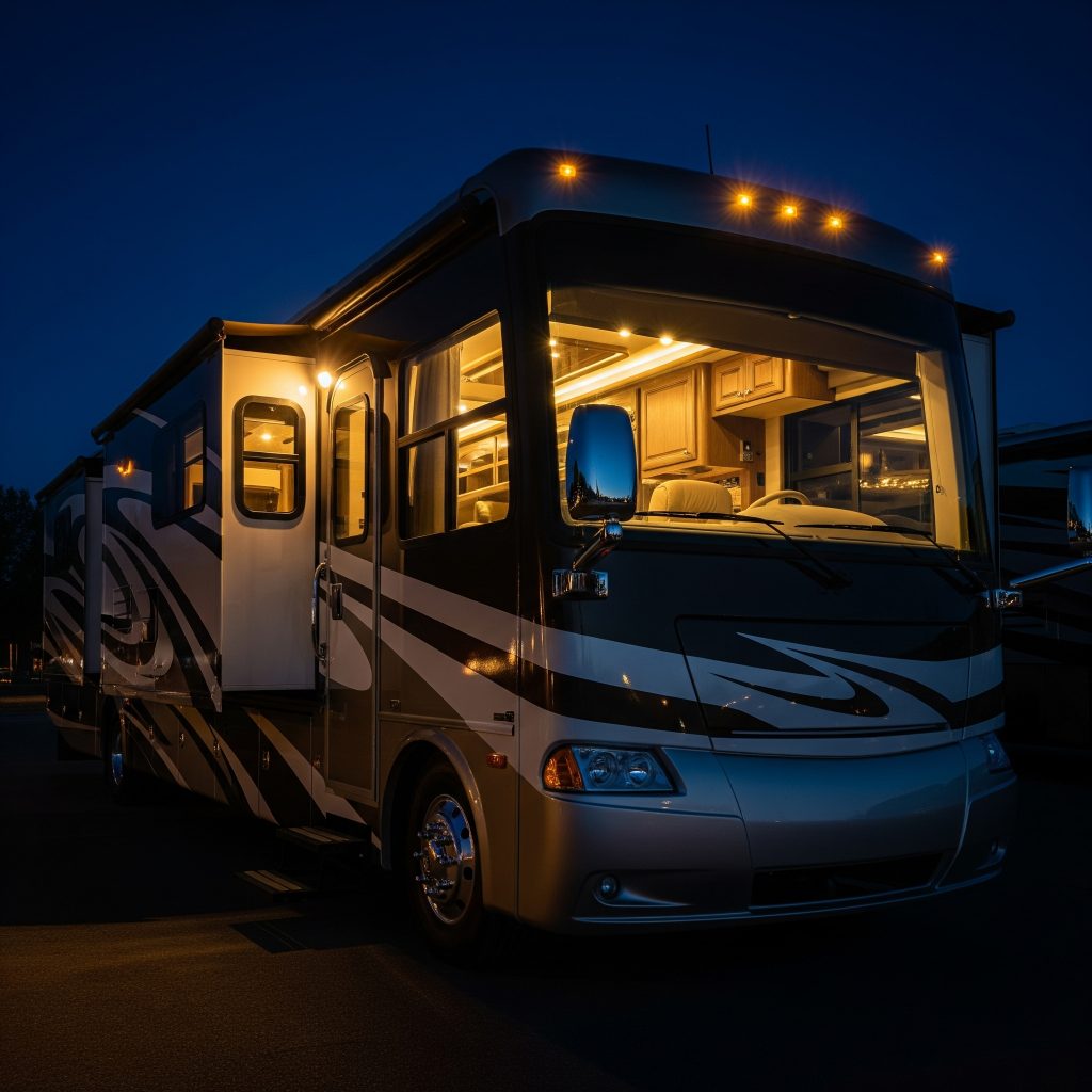 Class A motorhome parked under a deep twilight sky, radiating comfort, luxury, and readiness for the road.