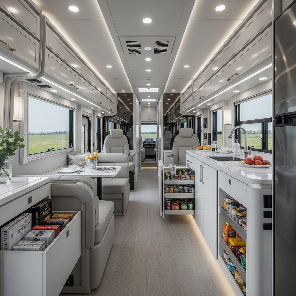 A luxurious RV interior features modern white cabinetry, plush seating, a fully equipped kitchen, and panoramic windows showcasing open fields for comfortable travel.