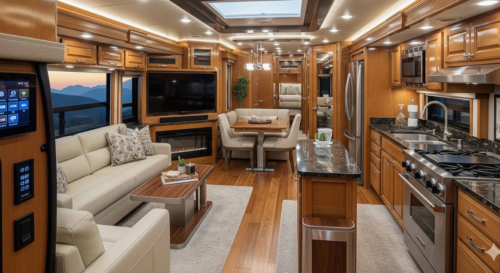 The image shows the interior of a luxurious motorhome, featuring a spacious living area with comfortable seating, a dining table, and a modern kitchen with a view of a scenic mountain sunset.