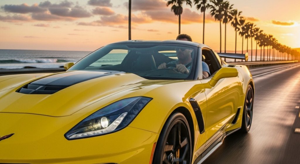 The image shows a vibrant yellow Chevrolet Corvette ZR1 speeding down a scenic coastal highway at sunset.