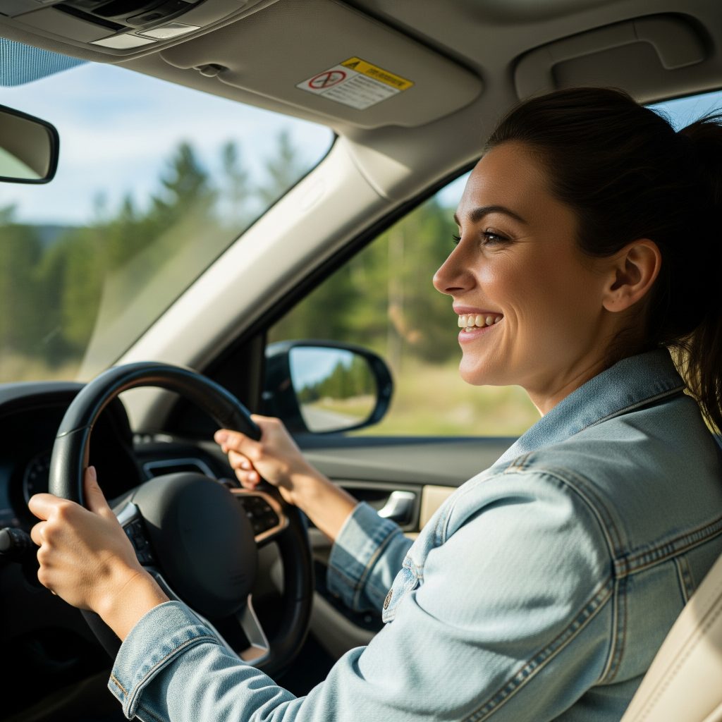 happy woman driving her new car.