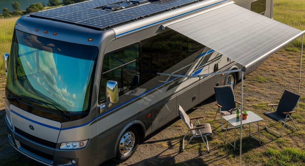 Modern RV with a metallic silver and charcoal gray exterior. It is parked on a grassy hill overlooking a winding river and lush green landscape under a bright, partly cloudy sky.