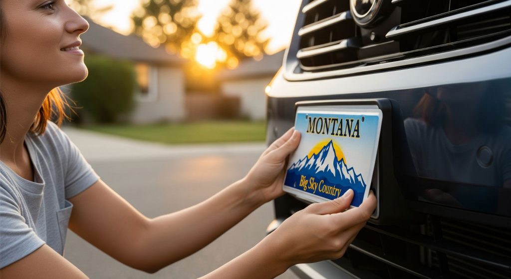 A person is shown holding a Montana license plate, preparing to attach it to the front of a dark-colored car.
