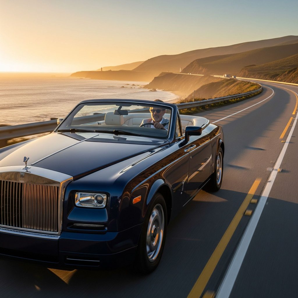 Rolls Royce man driving on beach coast