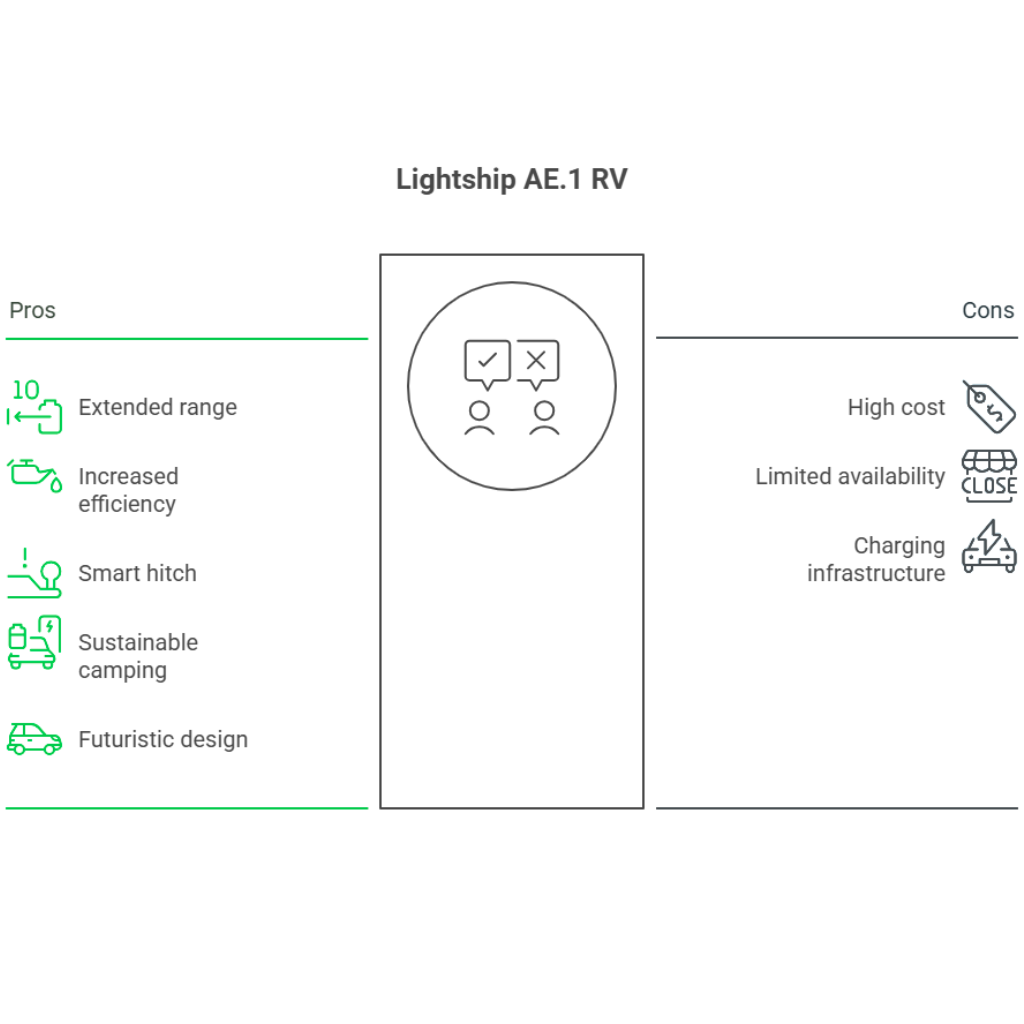 This infographic compares the pros and cons of the Lightship AE.1 electric RV trailer.