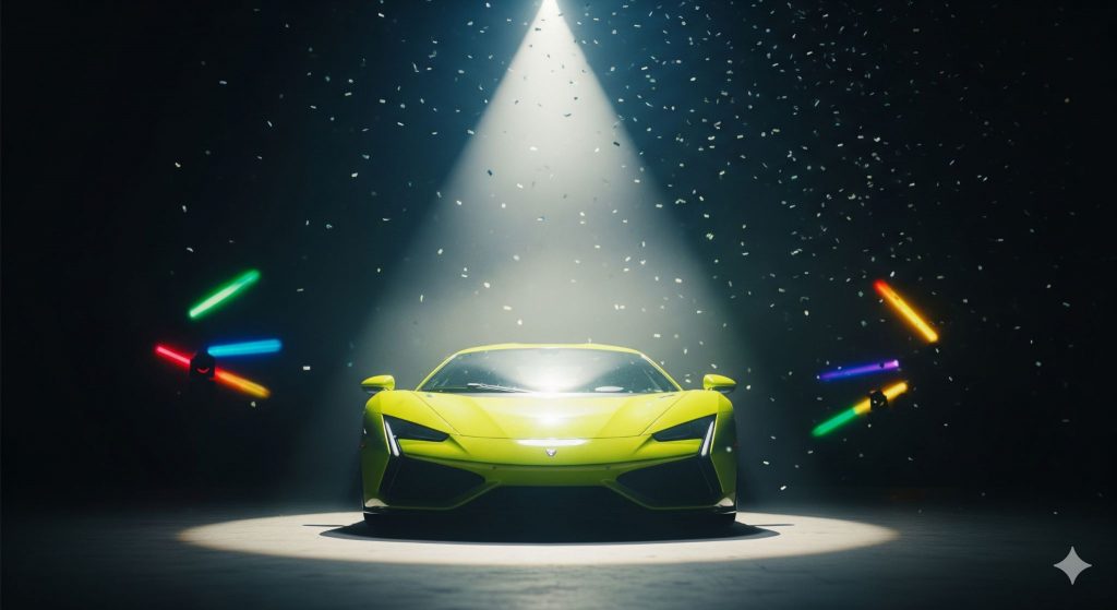 A neon green supercar sits under a single, dramatic spotlight, with confetti raining down and colorful stage lights in the background, creating a high-energy music video scene.