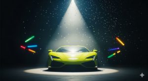 A neon green supercar sits under a single, dramatic spotlight, with confetti raining down and colorful stage lights in the background, creating a high-energy music video scene.