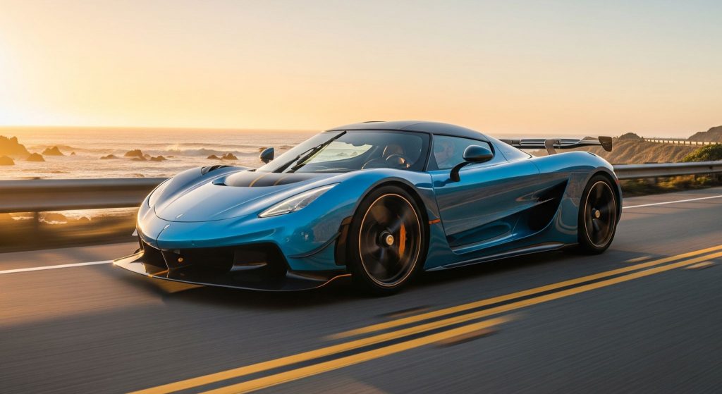 A vibrant blue supercar is captured in motion on a coastal road at sunset, with the ocean and rocks visible in the background.