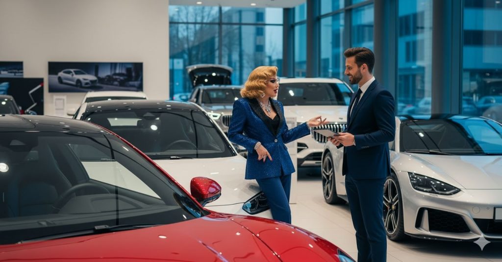 A glamorously dressed woman, a "powerhouse diva," is engaged in a conversation with a car dealership representative in a luxurious showroom filled with high-end cars seeing the newest models in the month of october.