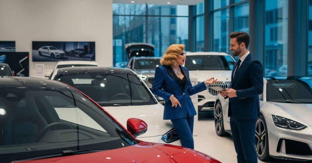A glamorously dressed woman, a "powerhouse diva," is engaged in a conversation with a car dealership representative in a luxurious showroom filled with high-end cars seeing the newest models in the month of october.