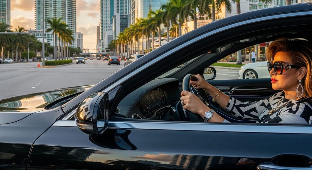 A well-dressed woman with a confident expression drives a luxury sedan through the urban landscape of Brickell, Miami, at sunset.