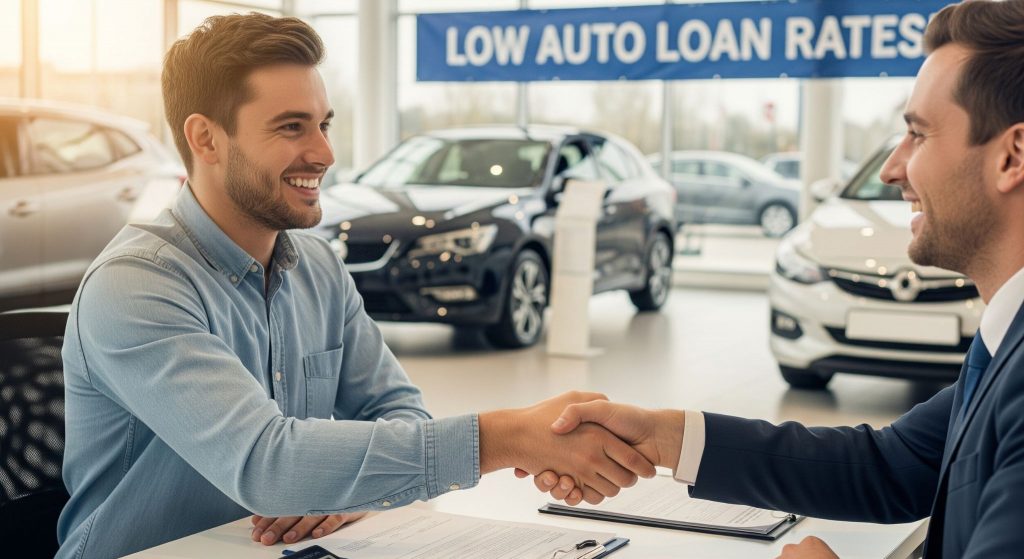 Two men, a customer and a salesperson, are happily shaking hands at a dealership desk with paperwork and a calculator visible, signifying a completed and positive car purchase.