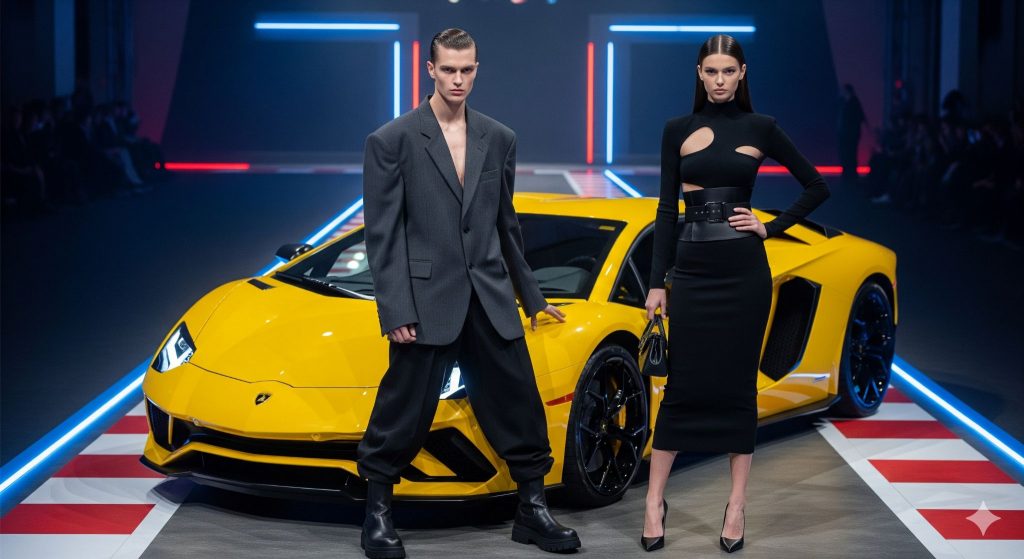 A male model and a female model are standing on a runway with a yellow Lamborghini.