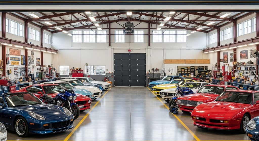 A wide shot shows the spacious, well-lit interior of Jay Leno's Garage, which is filled with an impressive and meticulously organized collection of vintage and modern cars and motorcycles.