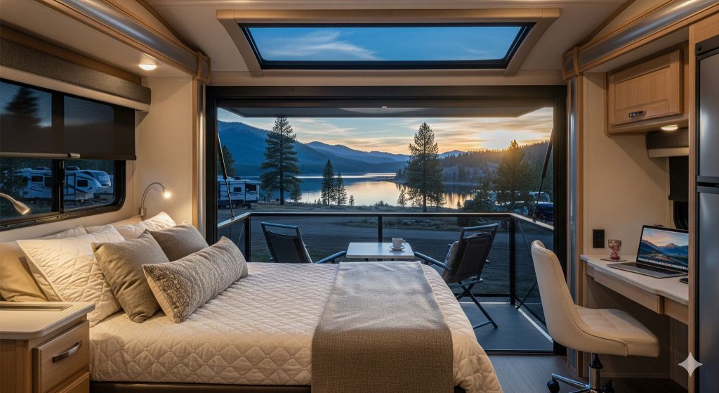 The RV's cozy rear bedroom opens to a deployed balcony, offering a stunning sunset view over a tranquil lake with mountains in the distance.