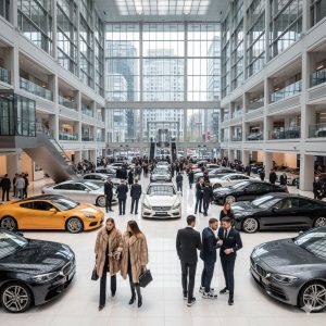 A grand, multi-level car showroom bustles with activity as well-dressed customers in furs and designer clothes are greeted by attentive concierge staff.