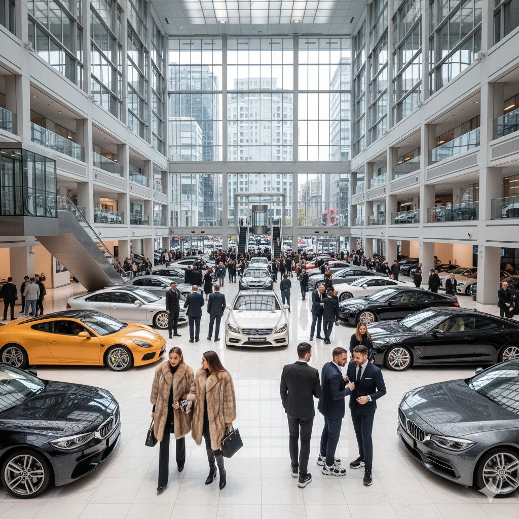 A grand, multi-level car showroom bustles with activity as well-dressed customers in furs and designer clothes are greeted by attentive concierge staff.