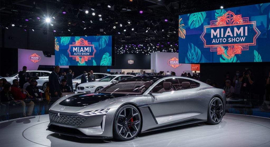 A sleek, futuristic silver concept car sits on a rotating platform under dramatic spotlights at the Miami Auto Show, with large screens displaying the event's tropical-themed logo in the background.