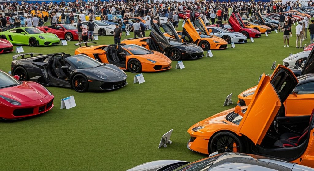 A vast collection of vibrant supercars, including Ferraris, Lamborghinis, and McLarens, are parked on the green field of a stadium, with a large crowd of spectators filling the stands and the field to view the vehicles.