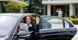 A woman joyfully celebrates her new car registration, while her husband stands proudly on the porch of their luxurious home.