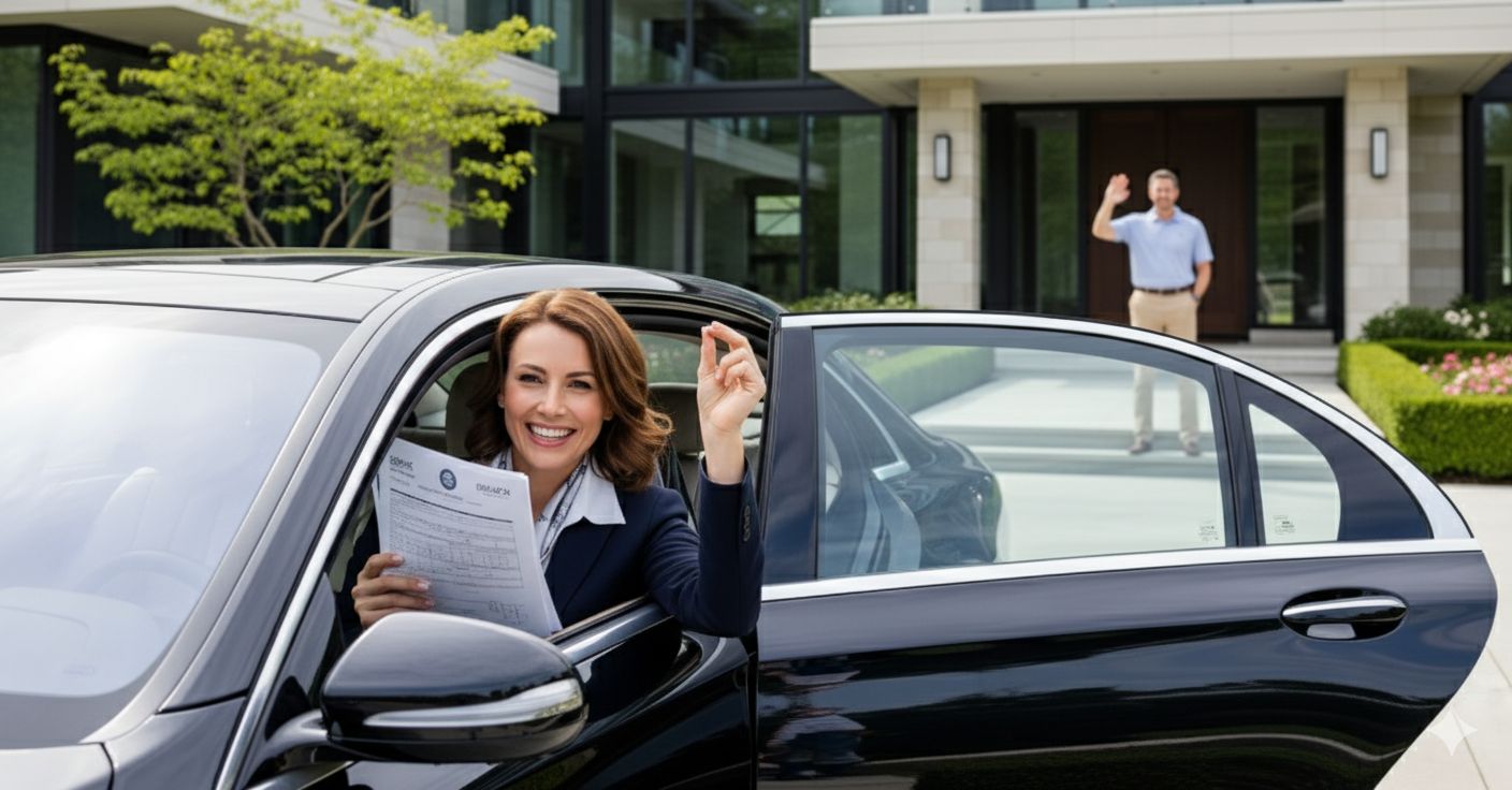 A woman joyfully celebrates her new car registration, while her husband stands proudly on the porch of their luxurious home.