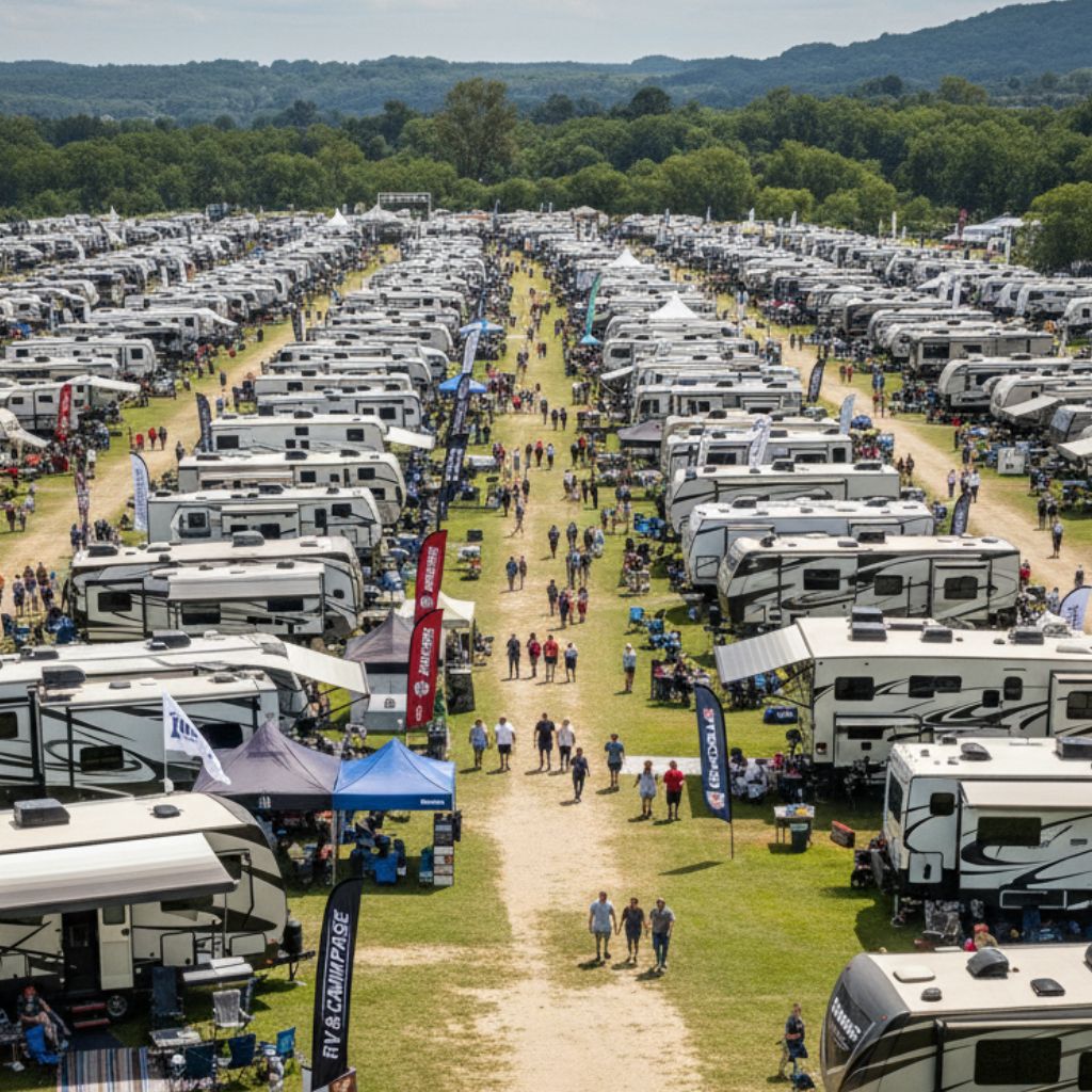 An expansive RV and Camper Showcase is underway in an open field, where numerous RVs of all sizes are parked in orderly rows, with people exploring the vehicles and browsing vendor tents under a partly cloudy sky.