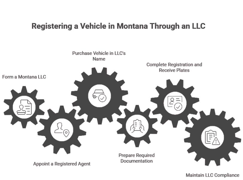 The image is a flow chart showing the six steps, represented by gears, for registering a vehicle in Montana through an LLC.