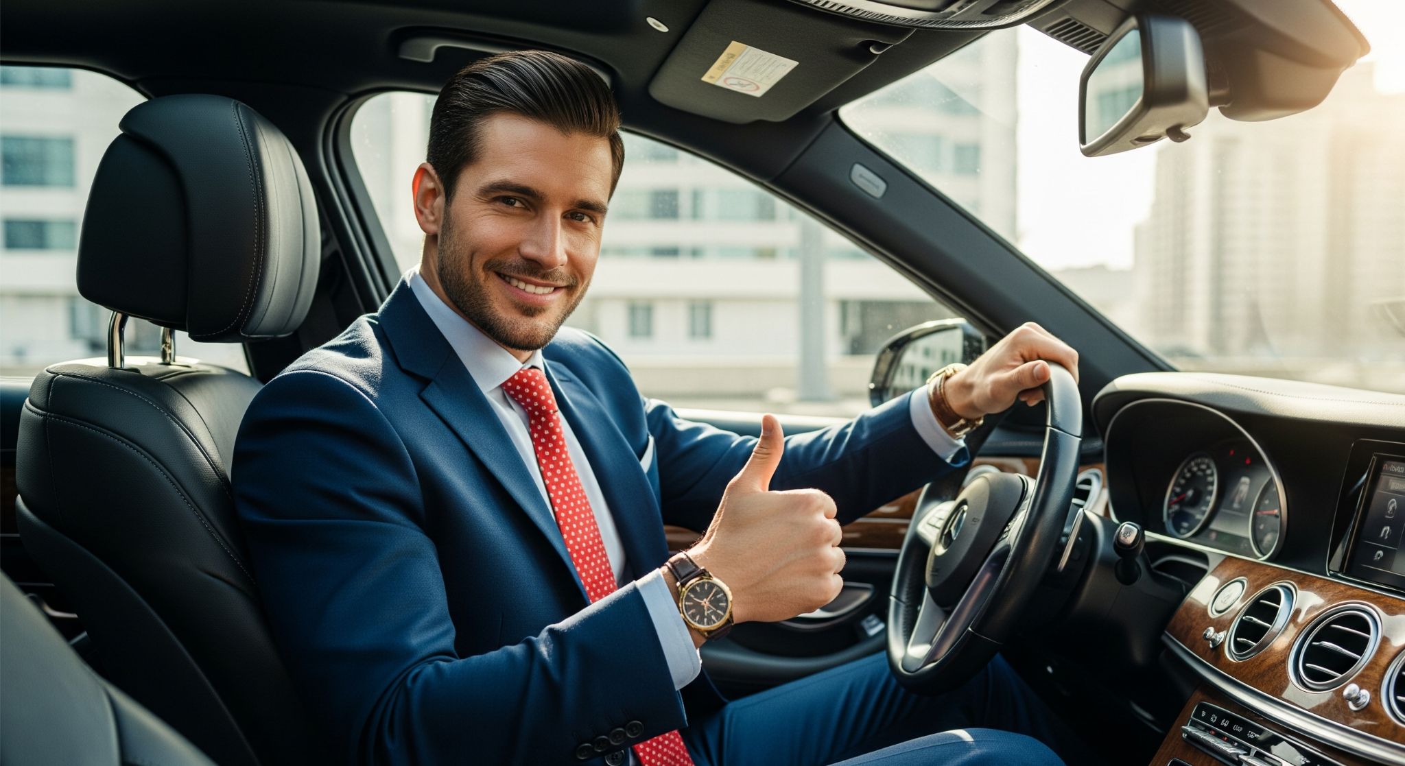 A well-dressed man sits in the driver's seat of a luxury car, confidently giving a thumbs-up.