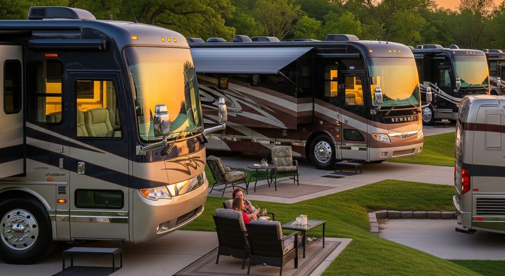 modern RVs parked at a scenic campground near a lake during sunset.