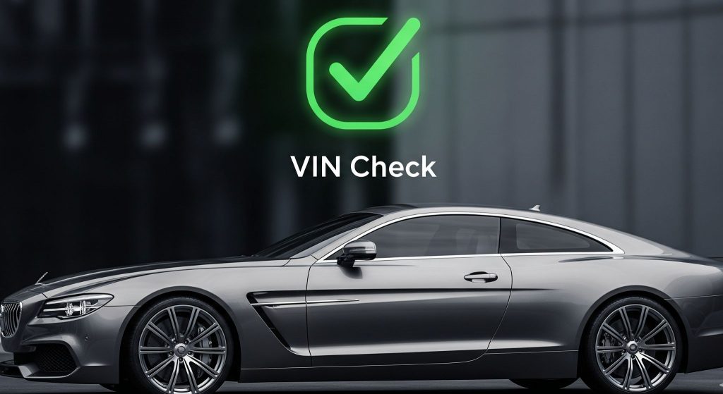 A side-profile view of a sleek, gray luxury car is shown with a large green checkmark icon and the words "VIN Check" floating above it.