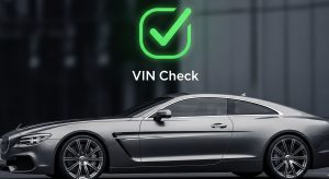 VIN Check Successful - Ride Legal A side-profile view of a sleek, gray luxury car is shown with a large green checkmark icon and the words "VIN Check" floating above it.