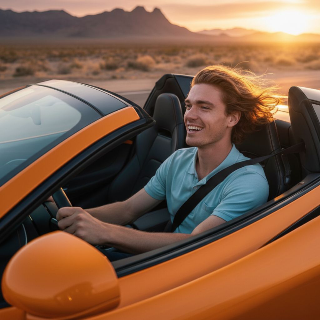 A young man with wind-swept hair smiles as he drives an orange convertible sports car through a desert landscape during sunset.
