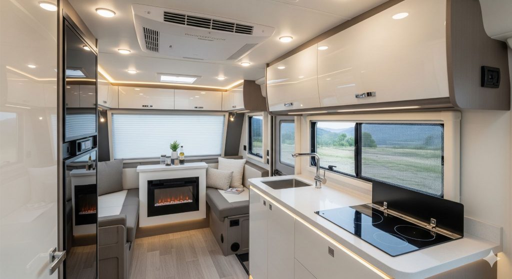 Luxury RV Space features like saving floor plans with upscale finishes like solid-surface countertops, fireplaces, and whisper-quiet A/C.