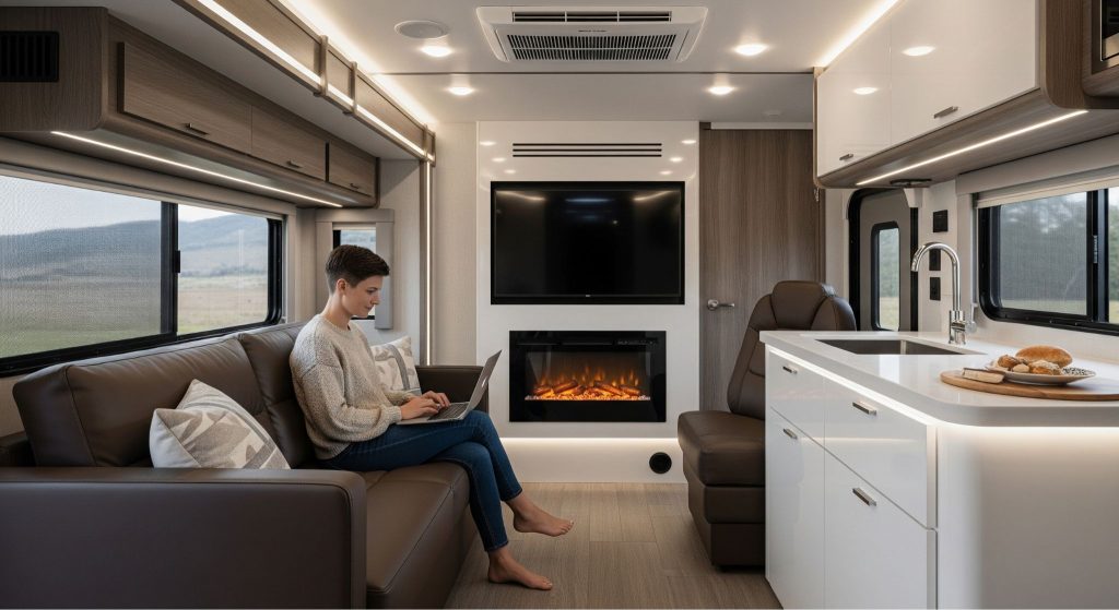 A person sits barefoot on a brown leather sofa in a modern RV, working on a laptop while a fireplace glows below a television on the opposite wall.