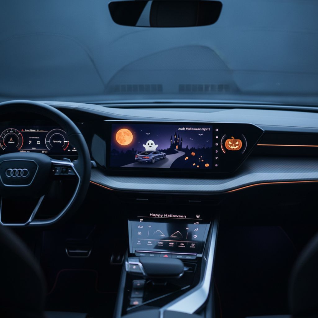 The Audi's interior is illuminated by a Halloween-themed dashboard display featuring a ghost, pumpkins, and a haunted house under an orange moon.