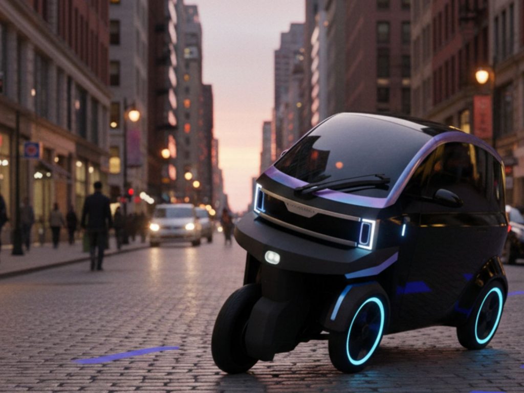 A futuristic three-wheeled electric microcar glides through the city at sunset, showing the kind of innovation Ride Legal keeps road ready.