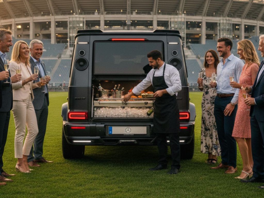 ChatGPT said: A group of people enjoy a tailgate gathering beside a luxury van with an open rear lounge, grill, and entertainment setup at sunset.