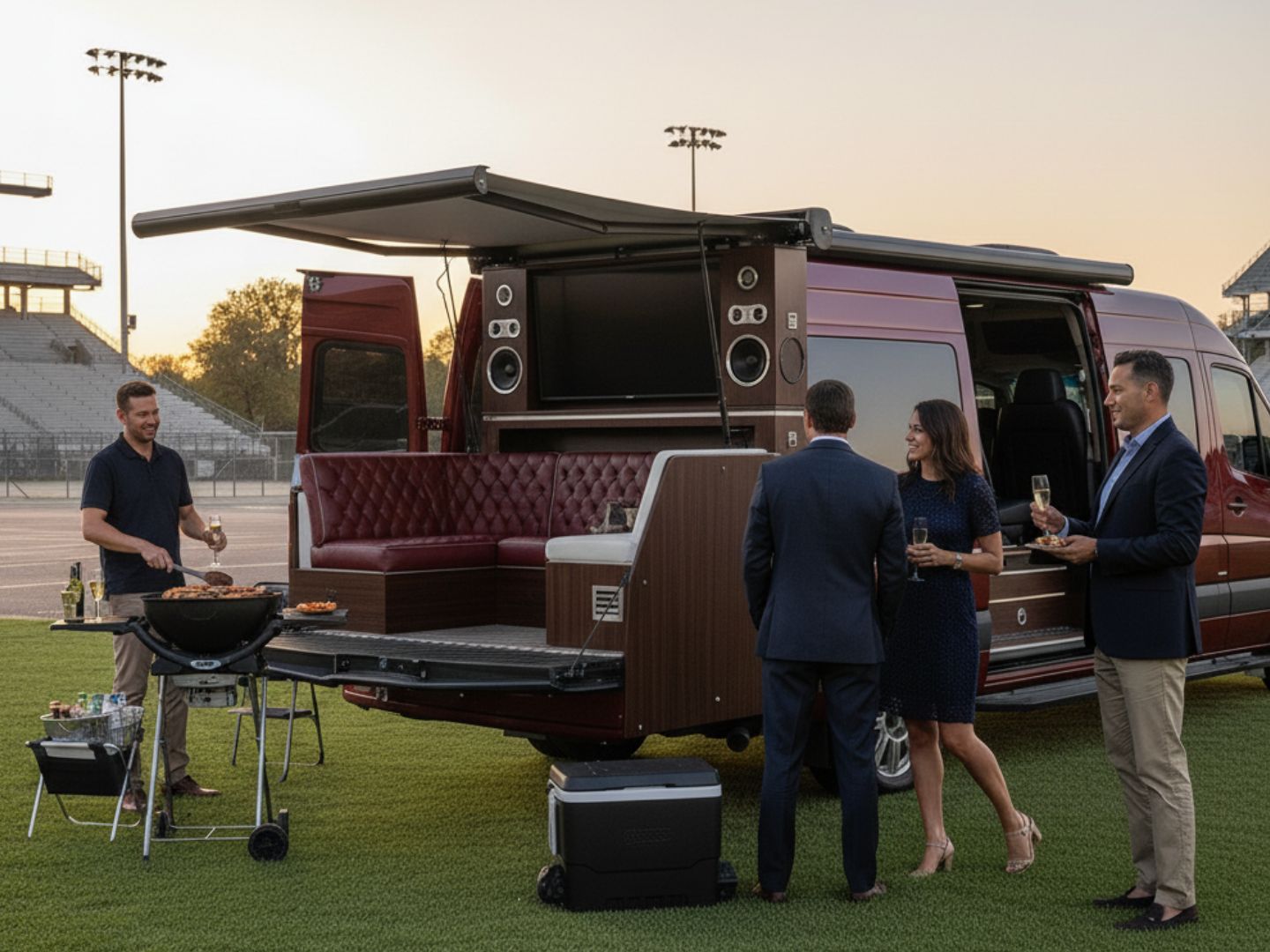 ChatGPT said: A group of people enjoy a tailgate gathering beside a luxury van with an open rear lounge, grill, and entertainment setup at sunset.